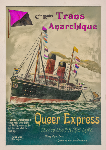 Affiche vintage avec un paquebot rempli de drapeaux LGBTQIA+ et un message pour le Queer Express