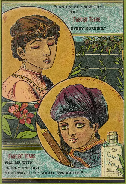 Affiche vintage avec deux femmes qui boivent des larmes de fachos